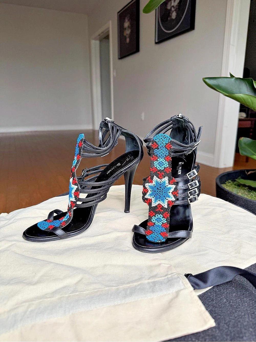Giuseppe Zanotti pour Balmain Beaded Strappy Heels in Black & Blue